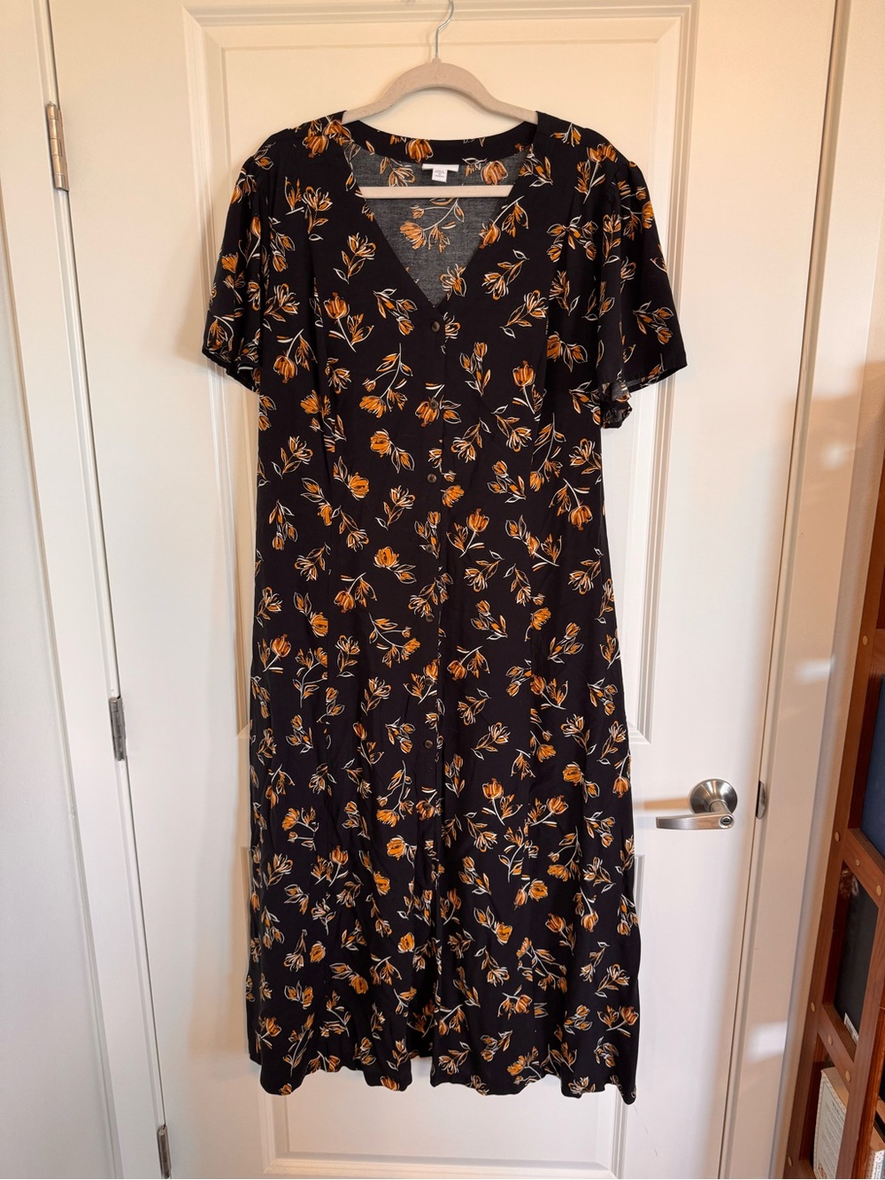 J.Jill 100% Rayon Button Front Floral Maxi Dress Black Gold Plus Size 2X